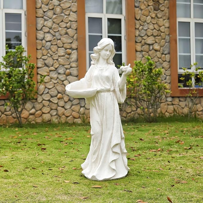 Garden Nymph Girl Maid Statue 40'' Super High Woman Garden Statue with Holding Birdbath Bird Bath Bowl Outdoor Patio Yard Lawn Decor