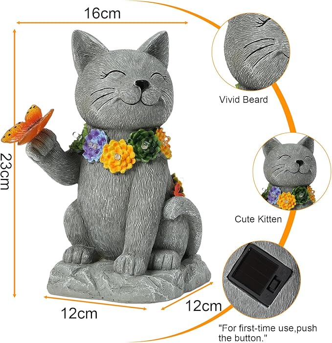 Outdoor Solar Cat Garden Statue - with LED Flowers and Butterfly Yard Art, Suitable for Lawn Decoration, Porch,Yard Decorations Outdoor, Birthday Gift for Mother, Grandmother, or Women