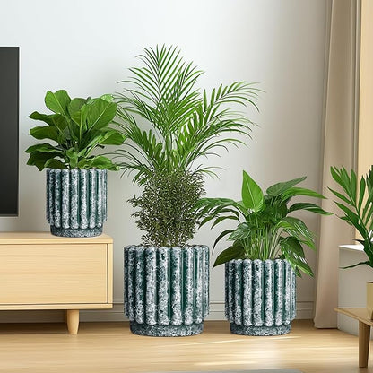 Ceramic Pots for Plants - 9.6 Inch Plant Pot Indoor with Drainage Hole, Large Ceramic Planters for Outdoor, Fluted Round Flower Planter, Home Decor Living Room, Birthday Gifts, Green