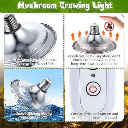 Meonum Mushroom Grow Light with 3/6/9 Hour Timer, 360° LED Hanging Grow Lights Bulb for Mushroom with 6.5ft Extension Cord, 6000K Blue&5000K White Lamp for Indoor Plants Growing Kit Supplies(2 Pack)