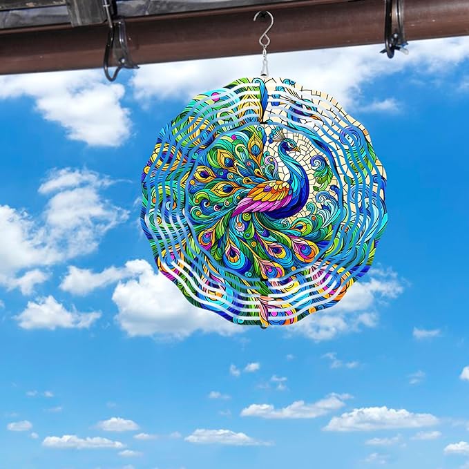 Peacock Wind Spinner 3D Stainless Steel Kinetic Sculpture Metal Art Christmas 10 Inch Colorful Hanging Decoration for Garden, Patio, Yard, and Indoor/Outdoor Spaces