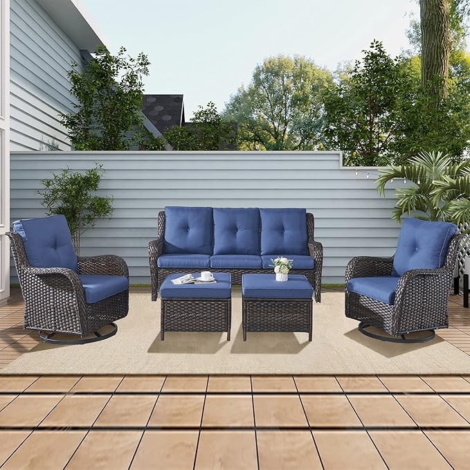 Rilyson 5 Piece Outdoor Patio Furniture Set - Rattan Wicker Patio Conversation Sets with 2 Swivel Rocker Chairs,2 Ottomans and 1 Sofa for Outside Porch Deck Backyard(Brown/Blue)