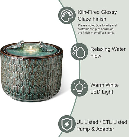Glitzhome 14.75”H Outdoor Ceramic Water Fountain with LED Light and Pump, Embossed Leaf Pattern Floor Standing Bird Bath Fountain with Two Birds Decor for Patio Porch Deck Backyard, Turquoise