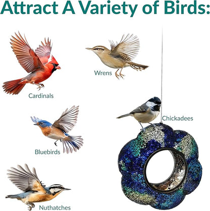 Sunnydaze 10-Inch Glass Mosaic Hanging Bird Feeder for Outdoors - Fly-Through Wild Bird Feeder - Indigo Flower Mosaic