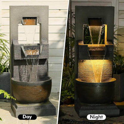 39" H Modern Outdoor Water Fountain with LED Lights and Pump, 3-Tier Standing Cascading Waterfall - Modern Design for Garden/Patio/Yard, Multi-Level Outdoor Decor 15“x14”x39“(Brown)