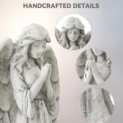 Praying Angel Statue for Outdoor Garden, 31 Inch Large Heavenly Memorial Sculpture,Durable Magnesium Oxide Stone for Yard, Patio or Cemetery Decor,Offering Comfort & Peace, Antique White