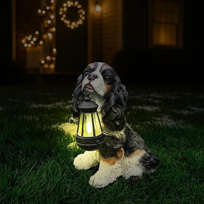 Charming Cavalier King Charles Spaniel Welcome Dog Statue with Solar Lantern, Hand-Painted Sitting Resin Puppy Figurine with Reversible Signs for Garden, Patio, and Porch Décor