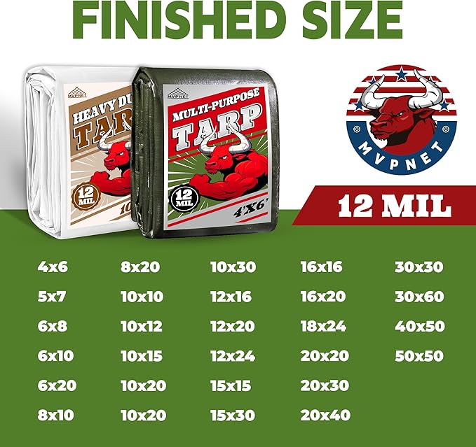 Green/Silver Heavy Duty Waterproof Tarp 10x20FT, 12mil Thick，Multifunctional tarp Whit Tear&Fade Resistant,UV Resistant,with Grommets and Reinforced Edges.