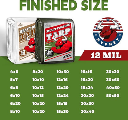 Green/Silver Heavy Duty Waterproof Tarp 10x20FT, 12mil Thick，Multifunctional tarp Whit Tear&Fade Resistant,UV Resistant,with Grommets and Reinforced Edges.