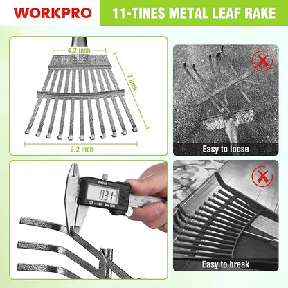 WORKPRO Rake, Small Rake for Leaves with 72” Adjustable Long Handle, 11 Steel Tines, Heavy Duty Metal Leaf Rakes for Garden, Lawn, Yard, Shrub, Flower Bed, Narrow Rakes 9" Wide Head for Tight Spaces