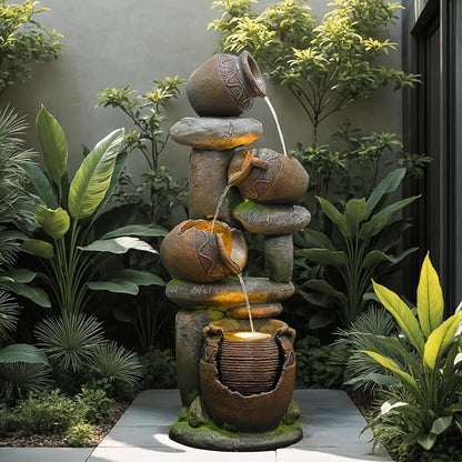 Outdoor Fountain with LED Lights, 48.43" Tall Garden Water Fountain - Resin & Fiberglass Freestanding Fountain for Patio, Backyard - Easy Setup Kit