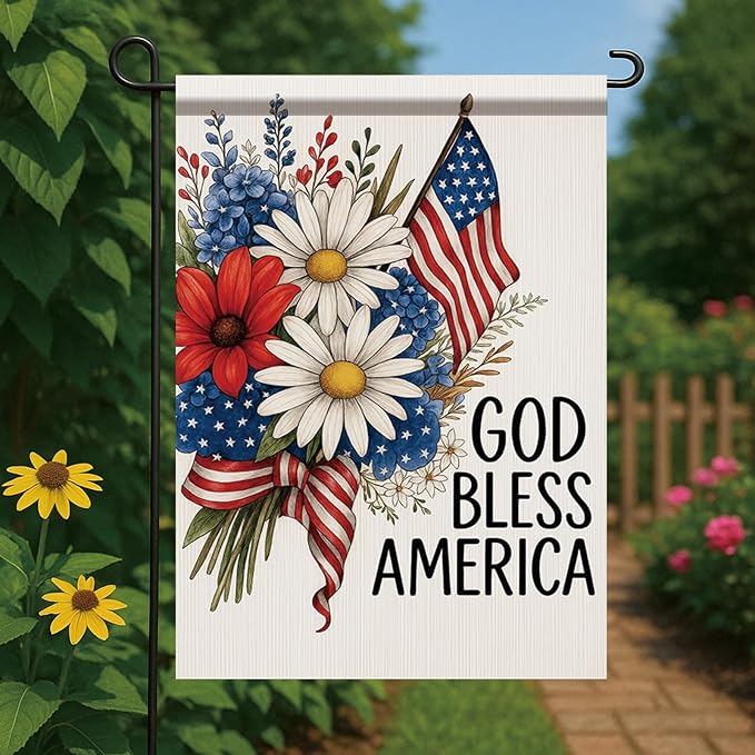 God Bless America Garden Flag 12x18 Inch Double Sided 4th of July Patriotic Flag Daisy Flower Yard Banner Outdoor Decoration for Memorial Independence Day Seasonal Holiday Home Decor