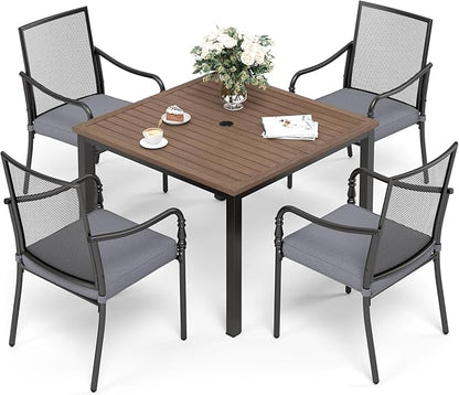Patio Table and Chairs Set of 4, All-Weather Breathable Metal Mesh Patio Chair with Gourd-Shaped Armrests, 42x42 Wood-Like Table with Umbrella Hole, 5 Pcs Metal Frame Patio Dining Set