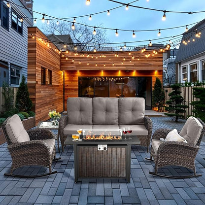 HUMMUH 5-Piece Patio Furniture Set with Fire Pit,Wicker Outdoor Rocking Chairs Patio Sofa for Backyard,Poolside,Deck