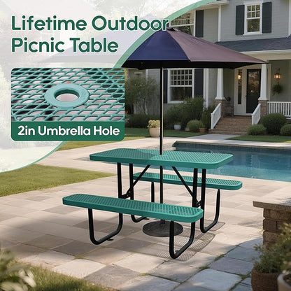 4FT Outdoor Picnic Tables,Heavy-Duty Metal Rectangular Picnic Table,Expanded Metal Commercial-Grade Table with 2 Benches & Umbrella Hole,Waterproof Coating Beach Table for Patio,Garden, Backyard