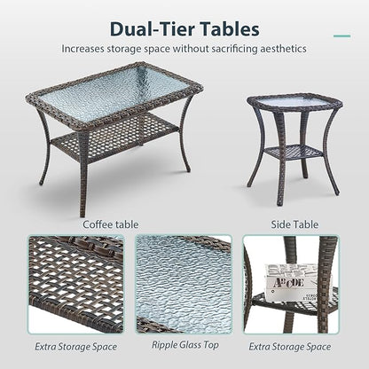 7 Piece Patio Furniture Set - Wicker Patio Conversation Set with Swivel Glider, 3 Seat Sofa, 2 Ottomans, Glass Side Table and Coffee Table for Deck Backyard - Brown Wicker Blue Cushion
