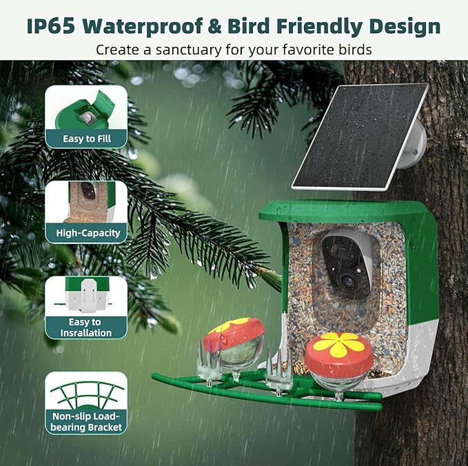 Smart Bird Feeder with Camera Solar Powered - 2K HD Live Video Camera AI Identify Birds, Visible Window Auto Capture& Motion Detection -Instant Arrival Alerts, Birds Lover Gifts