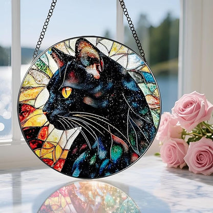 8″ Stained Glass Window Hanging Ornament, Black Cat Stained Glass Suncatcher Ornament, Sun-Catcher Window Decor | Gifts for Cat Lovers, Pet Lover Gift