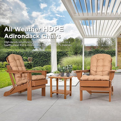 nalone Folding Adirondack Chair with Cushion with Cup Holder, HDPE Plastic Oversized Patio Chair Weather Resistant, Used in Outdoor, Fire Pit, Deck, Garden, Campfire Chairs (Teak)