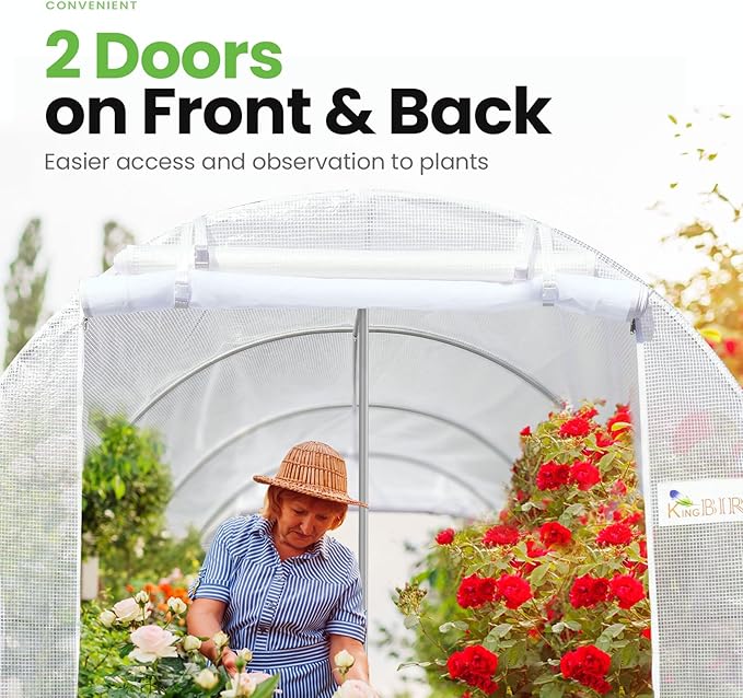 KING BIRD Premium 15x6.6x6.6FT Greenhouse for Outdoors, Large Walk-in Upgraded Galvanized Metal Frame, Mesh Door Screen Window Improved Zipper Tunnel Hoop for Garden Plant Winter, 2 Stiffeners, White