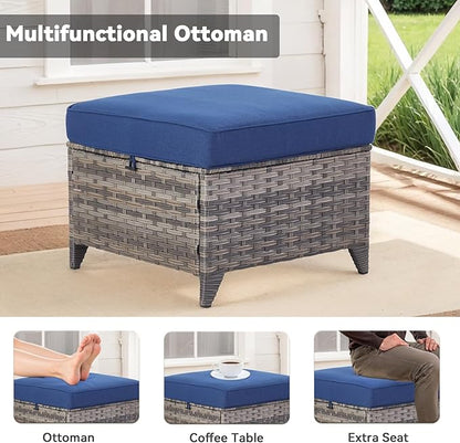 Patio Furniture Set, 7 Pieces Outdoor Wicker Rattan Sofa Couch with Swivel Rocking Chair, Ottomans and Comfy Cushions, All Weather Outdoor Conversation Sets, Suit for Porch Deck