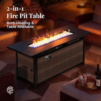 Patio Furniture Set, 6 Pcs Wicker Rattan Outdoor Conversation Set, 2 x Leg Chairs, 1 x 3 Seater Sofa and 2 x Ottoman with 4" Thick Cushion and 56" Fire Pit Table, Beige