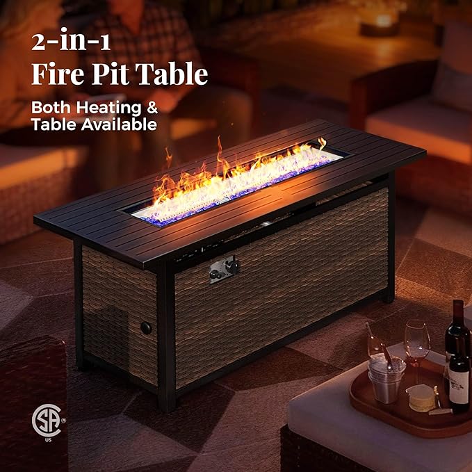 Patio Furniture Set, 8 Pcs Wicker Rattan Outdoor Conversation Set, 4 x Leg Chairs, 1 x 3 Seater Sofa and 2 x Ottoman with 4" Thick Cushion and 56" Fire Pit Table, Beige
