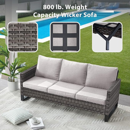 5 Piece Wicker Patio Furniture with Fire Pit Table - Outdoor Conversation Set with 50,000 BTU Fire Pit, All Weather Rattan Patio Set for Deck Backyard Garden - Grey Wicker Beige Cushion