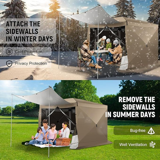COBIZI 12x12 pop up Gazebo on Clearance Screen Tent for Camping, Scalable Sesign Outdoor Canopy Tent with Extension Support Poles & sidewalls,with Portable Carrying Bag and Ground Stakes,Khaki