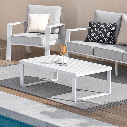 Aluminum Outdoor Coffee Table - White Rectangle Patio Tables for Deck, and Poolside