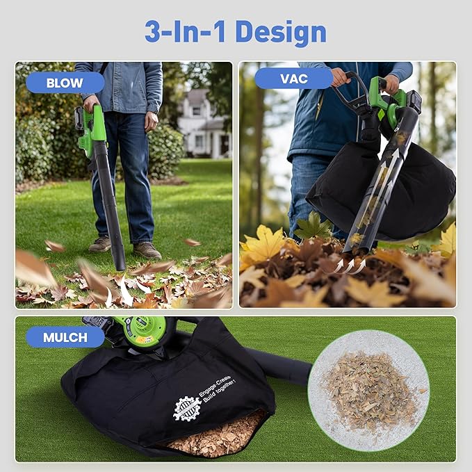 4 Speed Cordless Leaf Vacuum with Bag, 20V Electric Battery Powered, Lightweight Blower and Mulcher, with 2 * 4.0Ah Batteries and 1 Fast Charger, for Patio Cleaning, Lawn Care, Yard Leaves