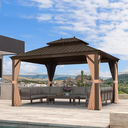 PURPLE LEAF 11' X 13' Outdoor Hardtop Gazebo Patio Wide Aluminum Frame Metal Double Roof with Heavy Duty Netting and Curtains for Permanent Hard Top Pavilion Screen, Khaki