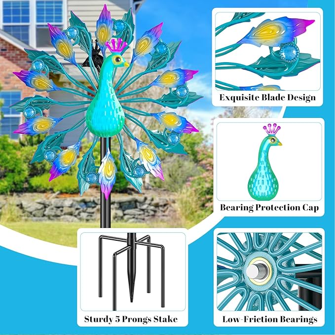 Metal Outdoor Wind Spinner, 2-Way Wind Sculpture Spinner with Metal Stake, Waterproof 360 Degrees Kinetic Windmill Art Decoration for Patio Garden Lawn (Peacock B)