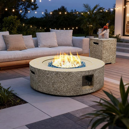 UPHA 42-inch Outdoor Propane Gas Fire Pit Table 50000 BTU Concrete Round FirePit for Outside Patio with Propane Tank Cover, Blue Glass Rocks, Rain Cover, Beige Texture