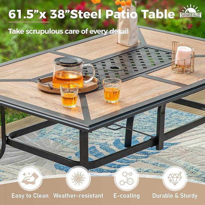 7 Pcs Patio Dining Set for 6, Rectangular Metal Dining Table (PVC Table Top) with Umbrella Hole and 6 Chairs, Outdoor Dining Set for Lawn Garden Deck, Red