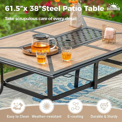 7 Pcs Patio Dining Set for 6, Rectangular Metal Dining Table (PVC Table Top) with Umbrella Hole and 6 Chairs, Outdoor Dining Set for Lawn Garden Deck, Red
