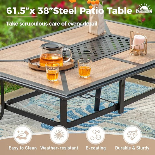 7 Pcs Patio Dining Set for 6, Rectangular Metal Dining Table (PVC Table Top) with Umbrella Hole and 6 Chairs, Outdoor Dining Set for Lawn Garden Deck, Red