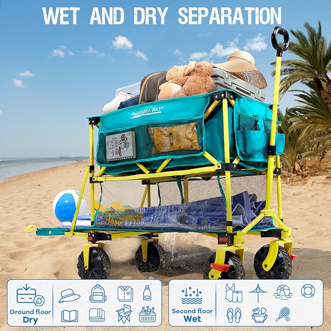 Old Bahama Bay 400L Collapsible Double Decker Beach Wagon with Brakes, Folding Beach Cart with 54" Extra Long Decker, 450LBS Heavy Duty Wagon Chart with All-Terrain Big Wheels for Sand Camping Garden