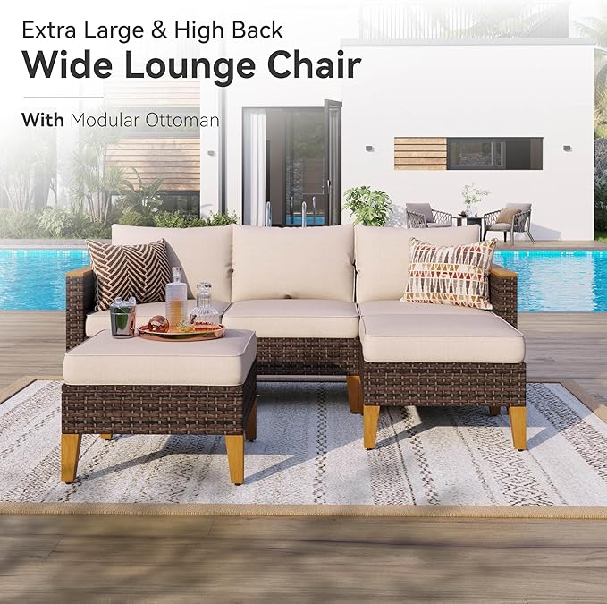 GREEN PARTY 9 Pieces Wicker Patio Furniture Set with 56" Fire Pit Table, All-Weather Outdoor Rattan Patio Sectional Sofa Conversation Set with 4" Thick Cushions for Garden, Backyard, 2 x Ottomans