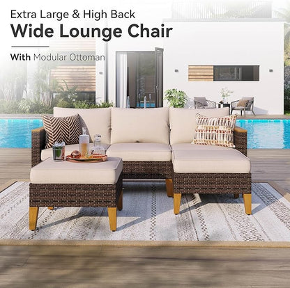 GREEN PARTY 9 Pieces Wicker Patio Furniture Set with 56" Fire Pit Table, All-Weather Outdoor Rattan Patio Sectional Sofa Conversation Set with 4" Thick Cushions for Garden, Backyard, 2 x Ottomans