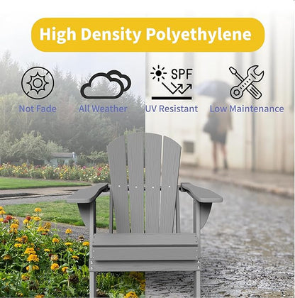 Kingdura Foldable Adirondack Chair, Portable HDPE All Weather Resistant Outdoor Patio Chair, Wooden Textured with Cup Holder, 380LBS Capacity for Poolside, Backyard, Deck, Fire Pit (Grey)