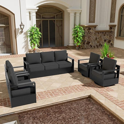 5 PCS Aluminum Patio Conversation Set - 3-Seater Sofa, 2 360° Swivel Chair, 2 Fixed Chair with 6" Thick Water-insistant Cushions, All-Weather Use Removable Cover, Ideal for Garden, Poolside (Grey)