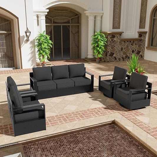 5 PCS Aluminum Patio Conversation Set - 3-Seater Sofa, 2 360° Swivel Chair, 2 Fixed Chair with 6" Thick Water-insistant Cushions, All-Weather Use Removable Cover, Ideal for Garden, Poolside (Grey)