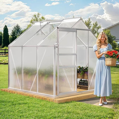 YITAHOME 6x6FT Polycarbonate Greenhouse Heavy Duty Green Houses Outdoor Greenhouses Aluminum Sliding Doors Vent Window Large Sun House for Garden Backyard, Silver