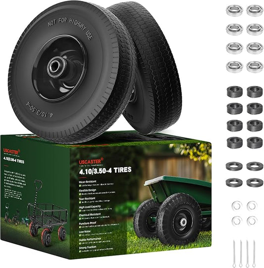 4.10/3.50-4 Tire and Wheel Flat Free,10-Inch Solid Wheel Replacement with 5/8 Extra 3/4 &1/2 Bearings,2.2" Offset Hub -Compatible with Hand Truck,Wheelbarrow,Dolly(Wave,Black)