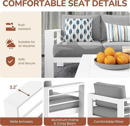 Solaste Aluminum Patio Furniture Set for All Weather, Oversized Metal Outdoor Furniture Set with 27.5" Deep Seating and 3.2" Wide Armrest, Outdoor Patio Conversation Set with 5" Cushion, White