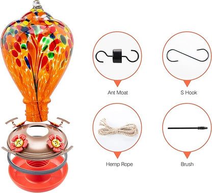 Muse Garden Hummingbird Feeders for Outdoors Hanging, Blown Glass Hummingbird Feeder Gifts for Mom, Garden Decor for Outside, Unique Gifts Idea for Women, 34OZ, Orange Fireworks