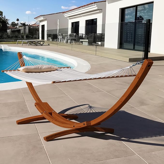 Lazy Daze Hammocks 12 FT Double Quilted Fabric Hammock and 13 FT Brown Wood Arc Stand, with Spreader Bar, Removable Pillow, 2 Person Hammock for Outdoor Patio Poolside, 450 lb Capacity, Brown