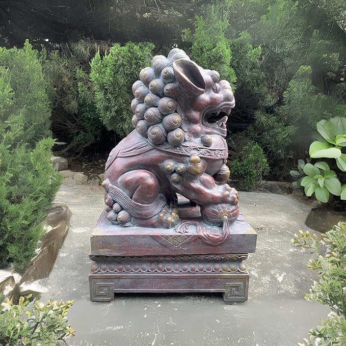 Zaer Ltd. Set of 2 Traditional Fu Dog Garden Statues, Chinese Guardian Lion Sculptures with Pedestals, Made with Magnesium-Cement (Blue-Bronze)