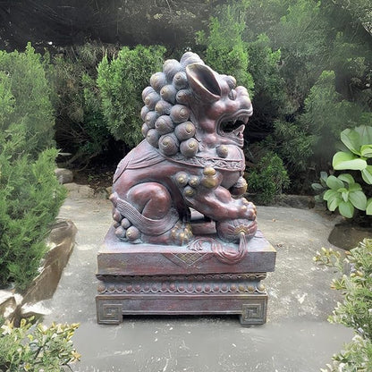 Zaer Ltd. Set of 2 Traditional Fu Dog Garden Statues, Chinese Guardian Lion Sculptures with Pedestals, Made with Magnesium-Cement (Blue-Bronze)